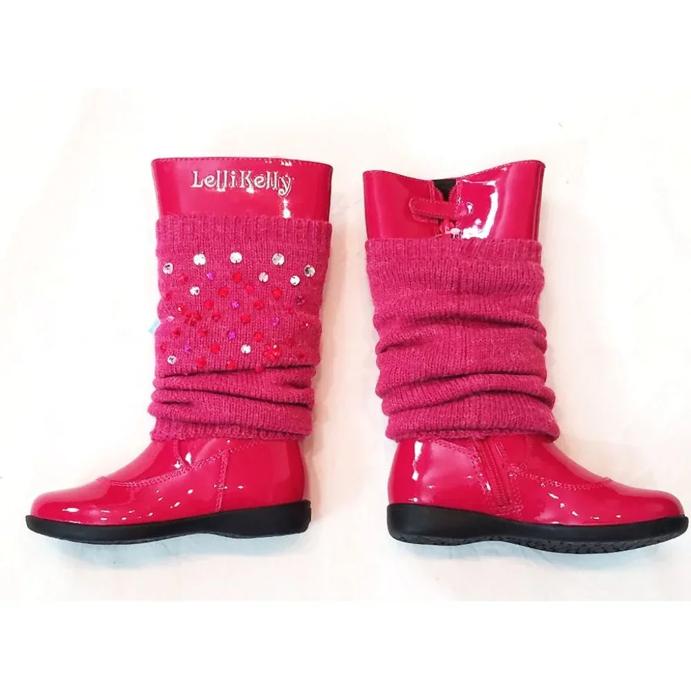 Lelli Kelly Tall Patent leather Girls‎ Boots w/Jewels & Leg Warmers NEW 28/10US